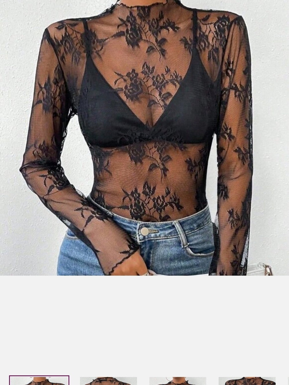 Black Sheer Floral Lace Long-Sleeve Top - Women Brand New Medium